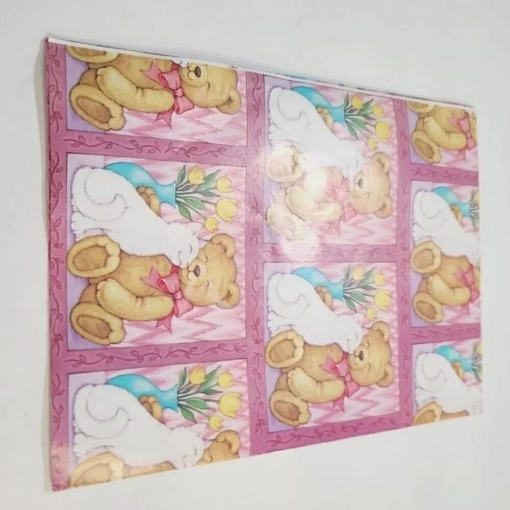 Vintage 90s AGC Kawaii Pink Cute Cuddly Teddy Bear Cat Gift Wrap